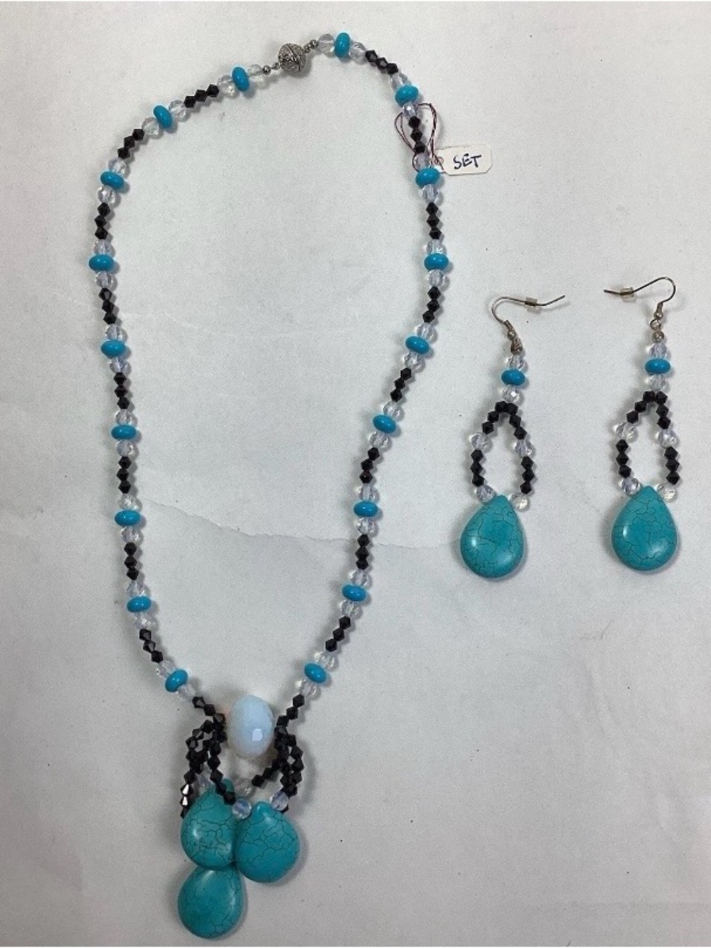 Turquoise Teardrop Bead Necklace and Earring Set - Blue Accent Jewelry